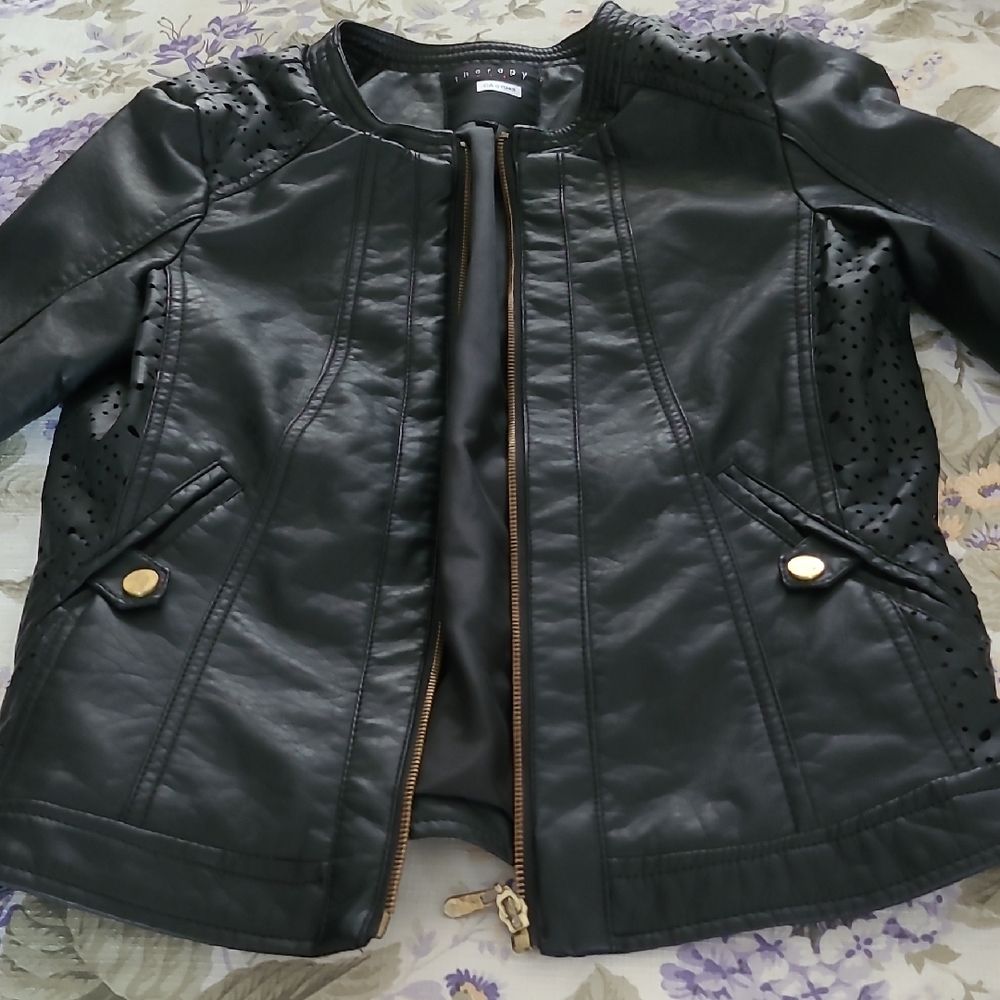Therapy Black Leather Jacket with Gold Accents